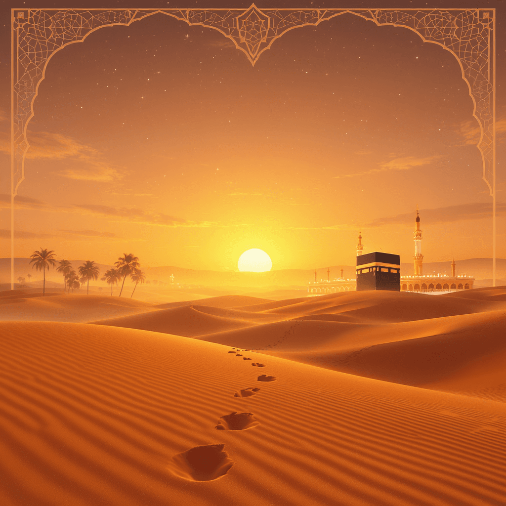 AI generated: "A desert landscape at golden sunset, with soft dunes, distant palm trees, and a small Kaaba silhoue...
