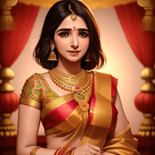 AI generated: Traditional look, South Indian actress Samantha Akkineni, (ornate jewelry, richly patterned saree, b...