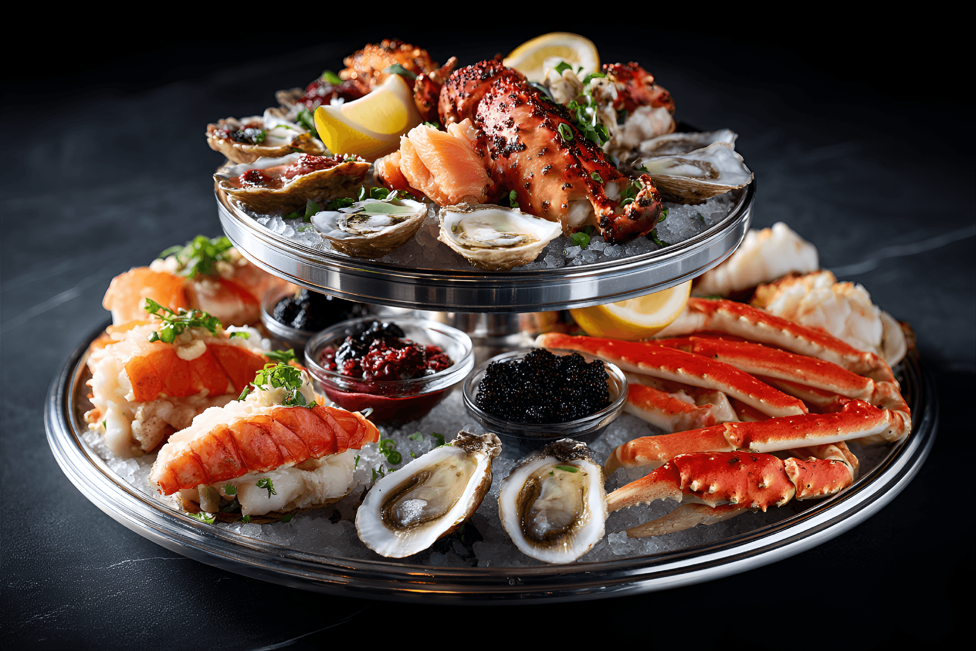 AI generated: An aesthetic top-down shot of a deluxe seafood tower on a polished silver platter, featuring a bount...