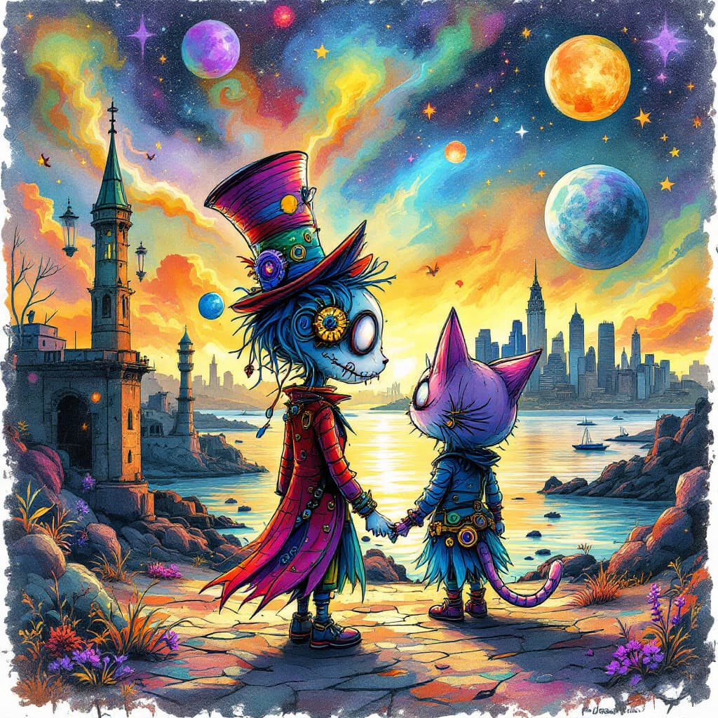 AI generated: illustrated sketchbook character sheet, Fun funky psychedelic trippy hippie Steampunk Magical Fantas...