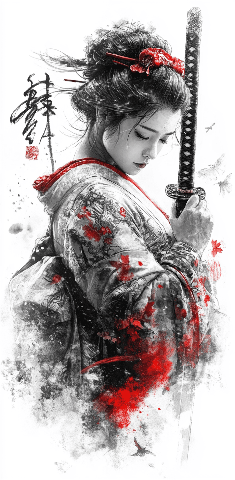 AI generated: beautiful geisha holding a sword, in the style of a traditional Japanese artist, thick consistent li...