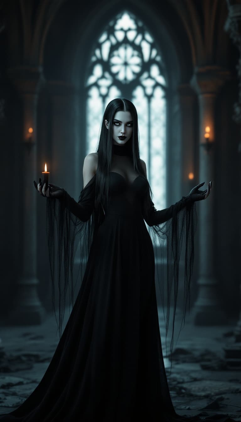 AI generated: female vampire, She has two cute sharp fangs (vampire style) . full body with black long dress,black...