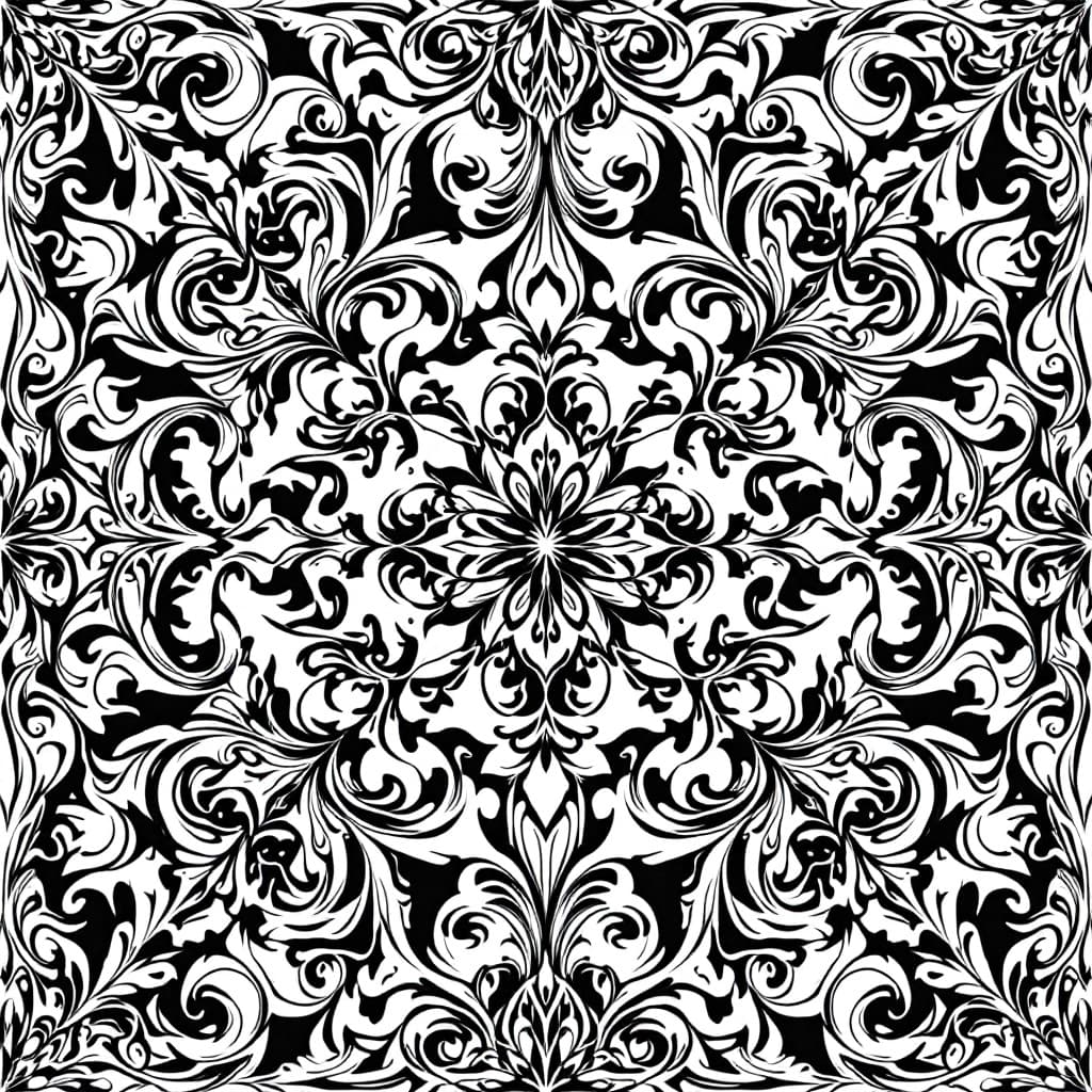 AI generated: Intricate ornamental pattern with swirling baroque-style elements, high-detail black and grey, suita...