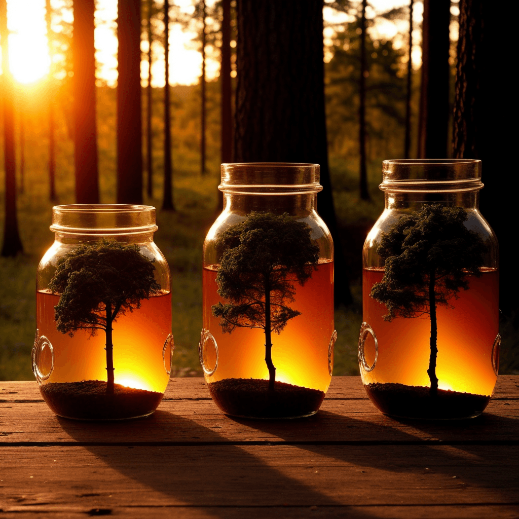AI generated: forest and sunset trapped inside three jars