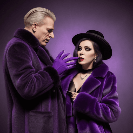 AI generated: a evil woman in a purple fur coat hypnotizing a man