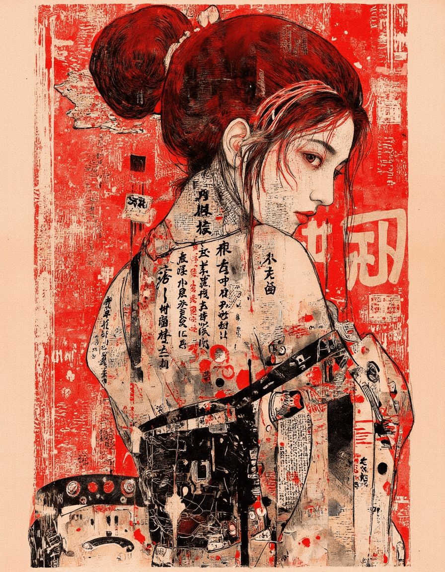 AI generated: poster art. stunning beauty japanese woman. Girl poses looking back. ink, abstract, punk collage, (r...