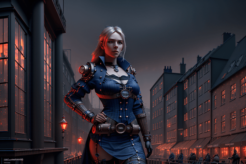 AI generated: 12K, HRD, film grain, 100 ASA. The image conteins beautiful scandinavian woman, steampunk, dark indi...