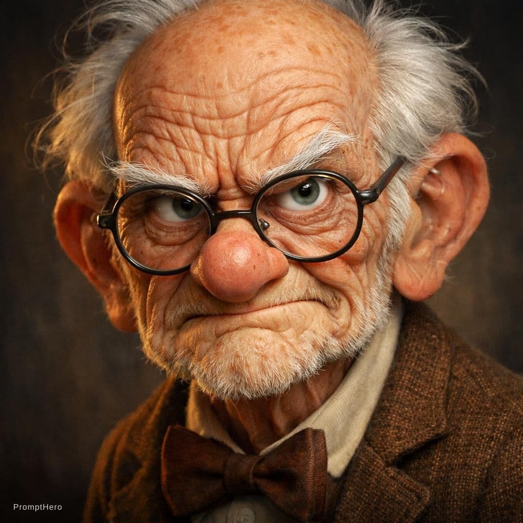 AI generated: Expressive caricature in pixar style unreal charming seemingly mischievous irritated very old man wi...
