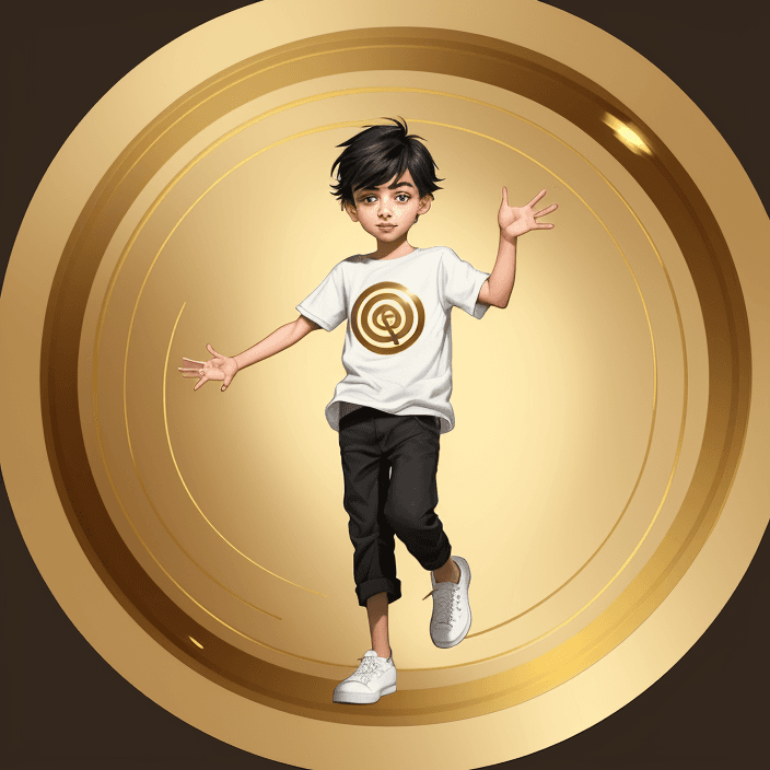 AI generated: logo, cartoon boy inside gold circle, gold theme
