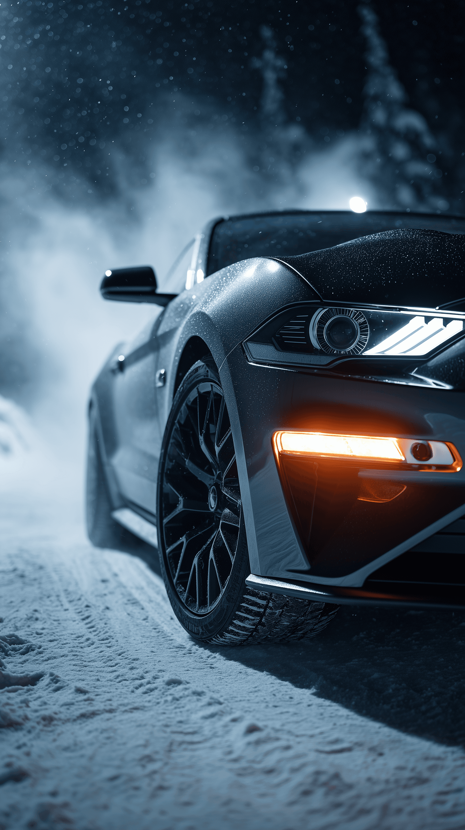 AI generated: photography, dynamic front side composition, matte black carbon tecture Mustang GT, winter night bac...