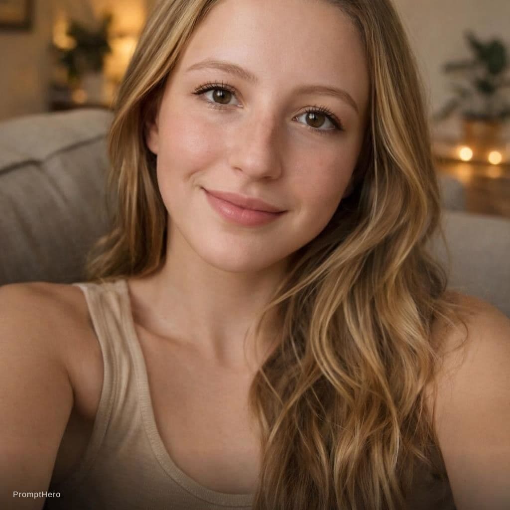 AI generated: A hyper-realistic selfie of a 22-year-old young brunette woman with deep brown eyes and long, wavy b...