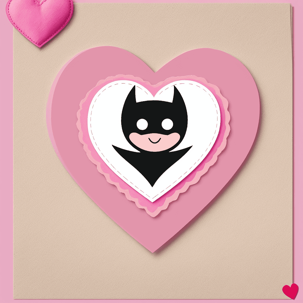 AI generated: valentines day postcard of a happy pink colored batman with a heart shaped logo on his chest