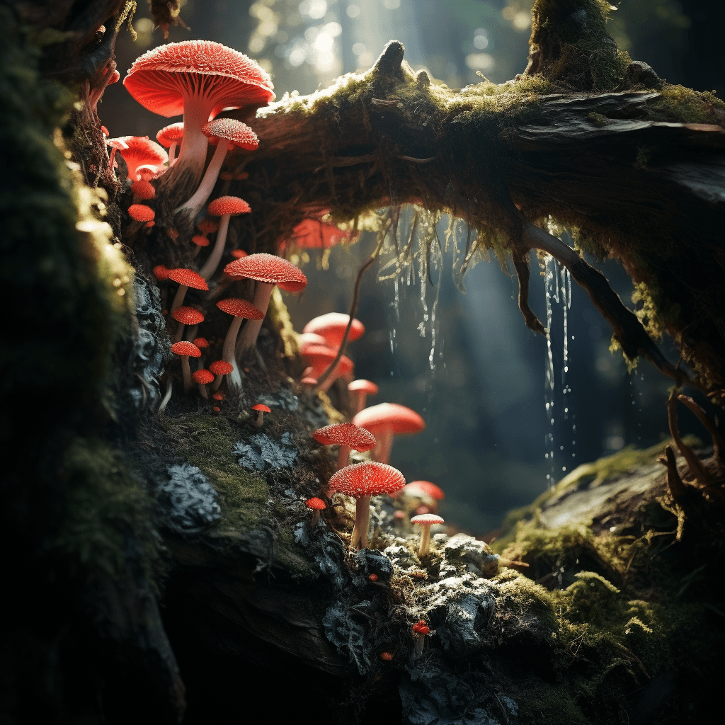 AI generated: red moss in the forest, in the style of matthias grünewald, organic form, kazimierz dąbrowski, sverr...