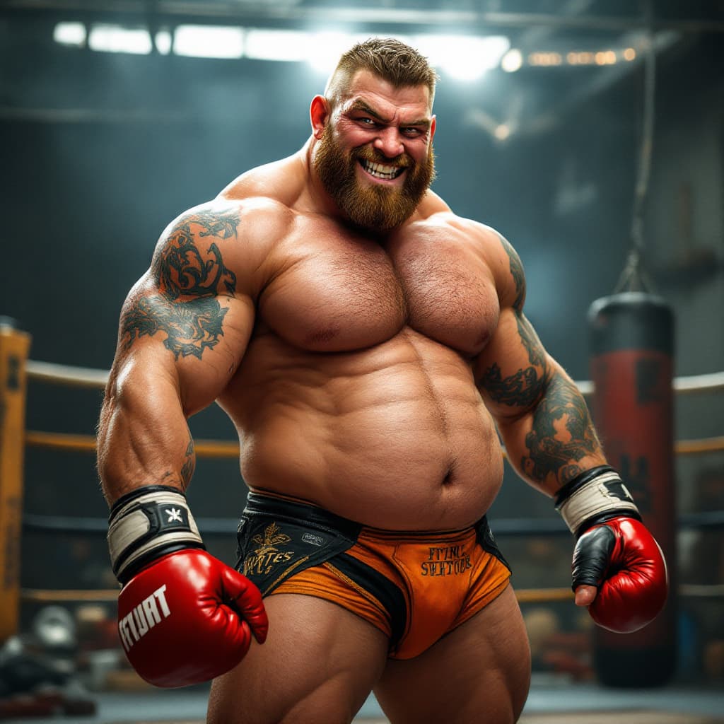 AI generated: Full body head to toe image irish stud MMA fighter, muscular legs, big feet, short brown hair hard p...