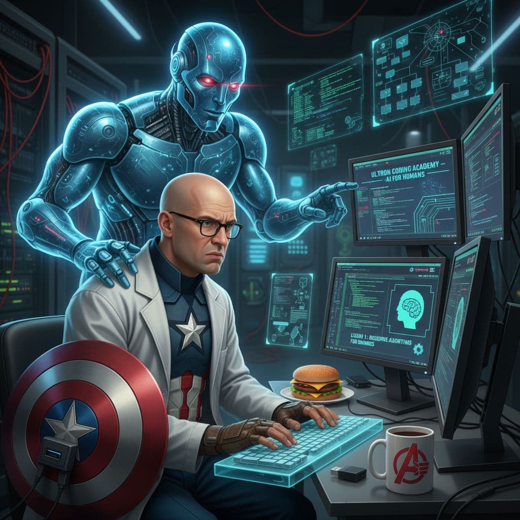 AI generated: Can you generate a parody image of Ultron teaching Captain America to program on a computer? The ide...