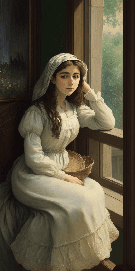 AI generated: a masterpiece oil painting of a beautiful woman with hijub sitting by a window, in the style of rich...