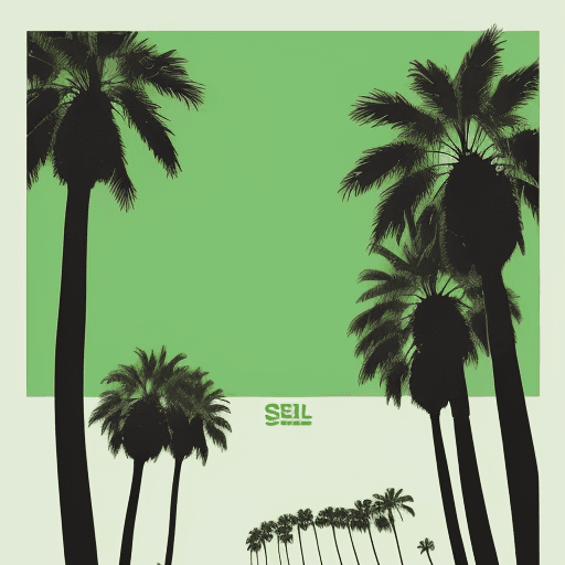 AI generated: A variation of a palm tree depicted in a classic screen-print (silkscreen) style, featuring bold, cl...