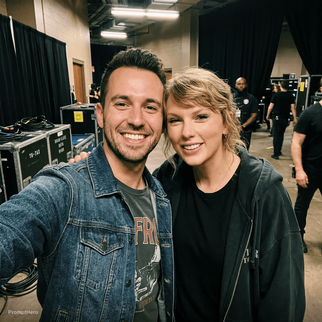 AI generated: with Taylor Swift backstage at a concert, excited fans vibe, Taylor totally wants the.man so she is ...