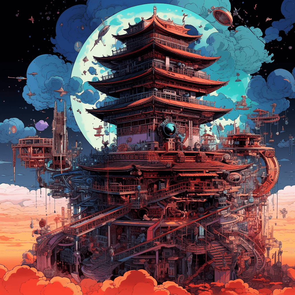 AI generated: knolling Temple，Suspended in Space Mechanical Sense Deconstruction Grand Fiction Religious 90s Japan...