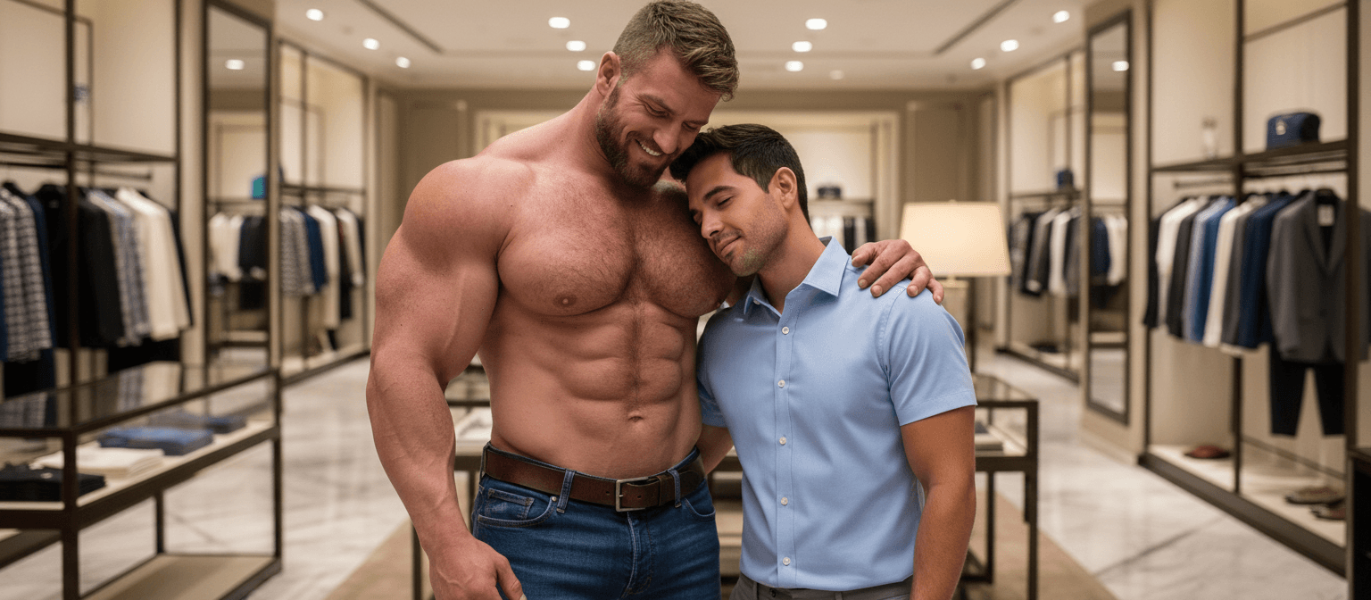 AI generated: At a very luxurious clothing store, the bodybuilder is 6 feet 4 inches tall, he has huge muscular sh...