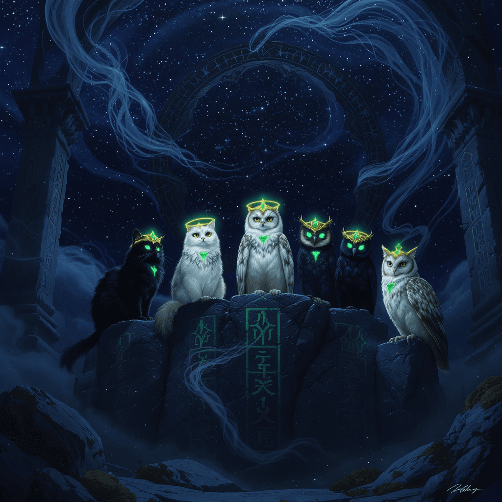 AI generated: Moonlit gothic ruins, deep indigo fog  
— circle of sentinel cats **and owls** on cracked rune-mono...
