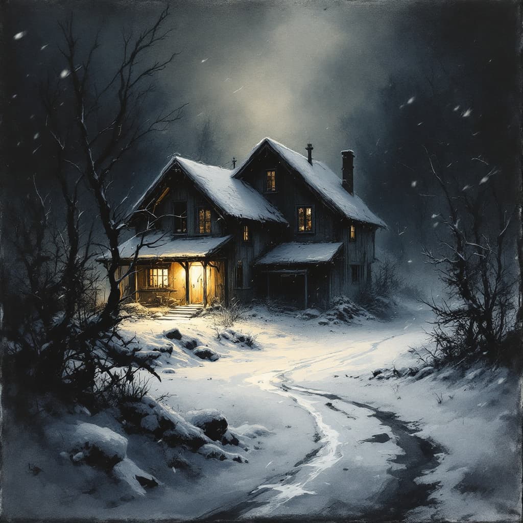 AI generated: a wet ink, charcoal sketch of snow covered broken home from inside, december, night, howling wind, m...
