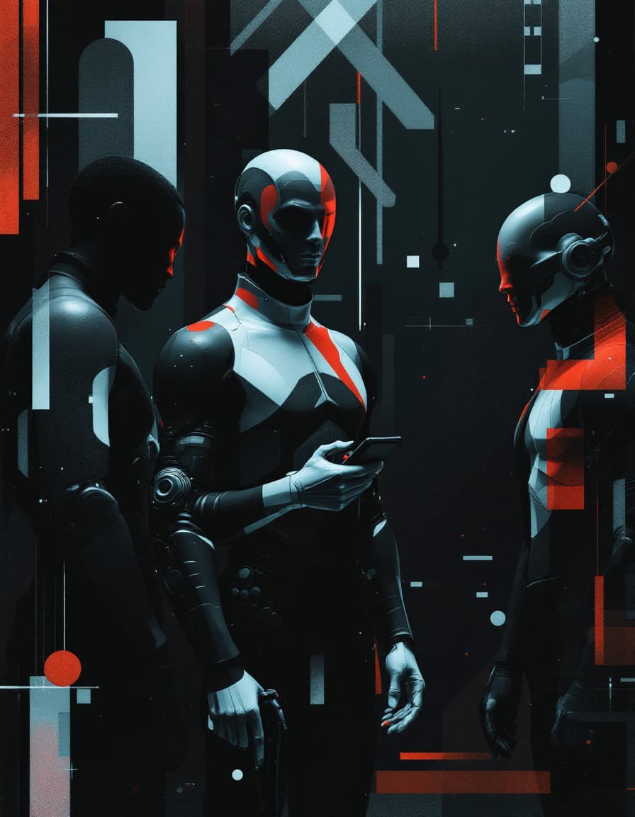 AI generated: The  image  is  a  digital  art  piece  featuring  three  men  in  a  surrealistic  scene.  One  man...