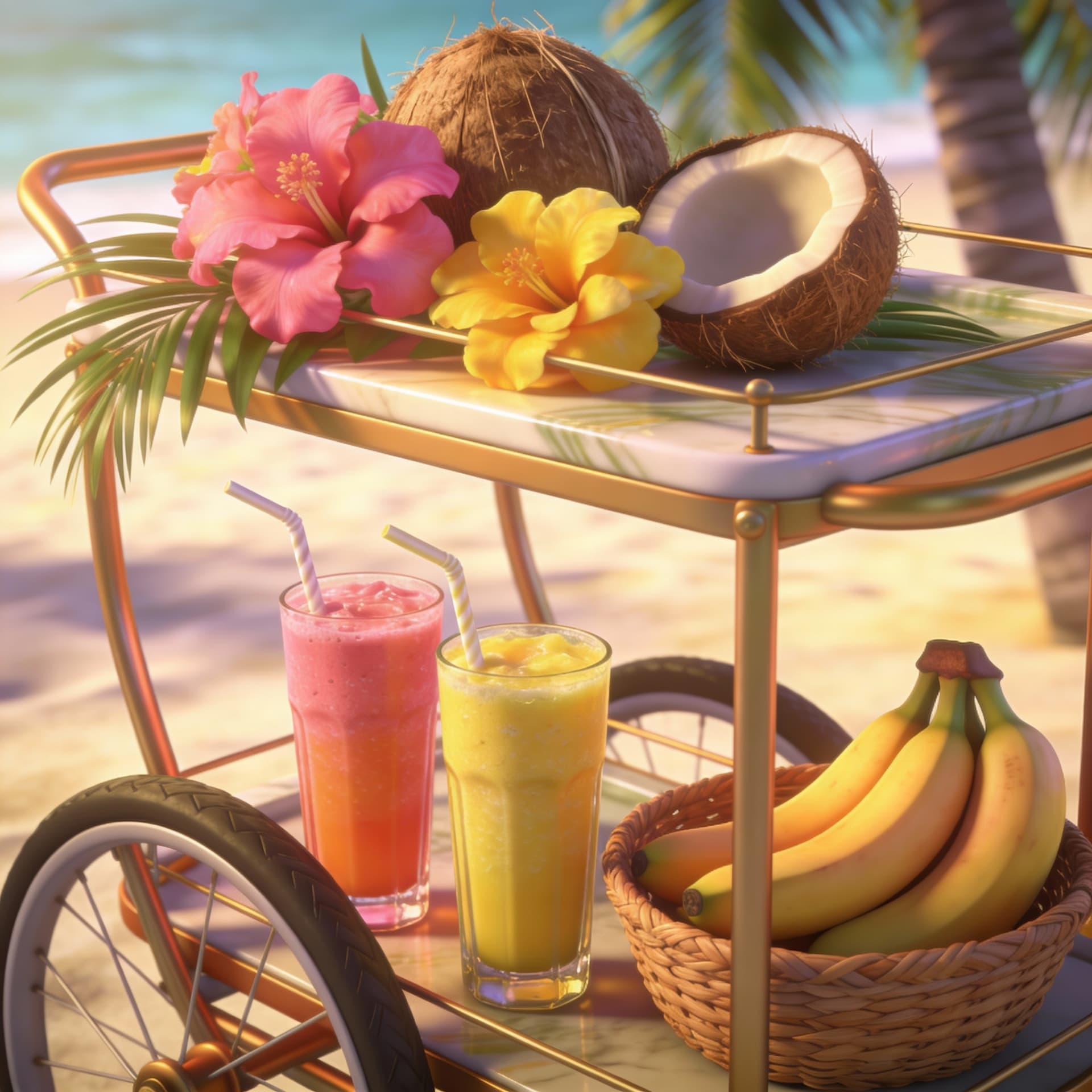 AI generated: 3d，tropical cart, flowers, coconuts, smoothies, bananas, upscale beachy