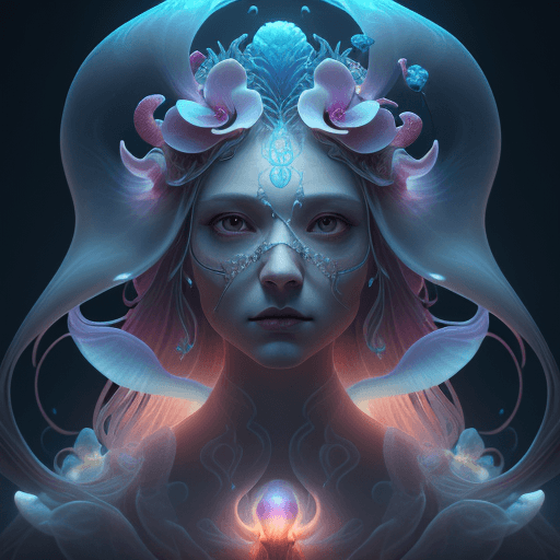 AI generated: Goddess close-up portrait ribcagel. jellyfish phoenix head, nautilus, orchid, skull, betta fish, bio...