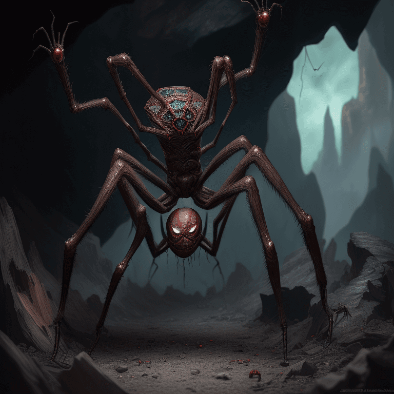 AI generated: haunting creature that looks like a spider, with superman costume,full body, reddish eyes, open wood...