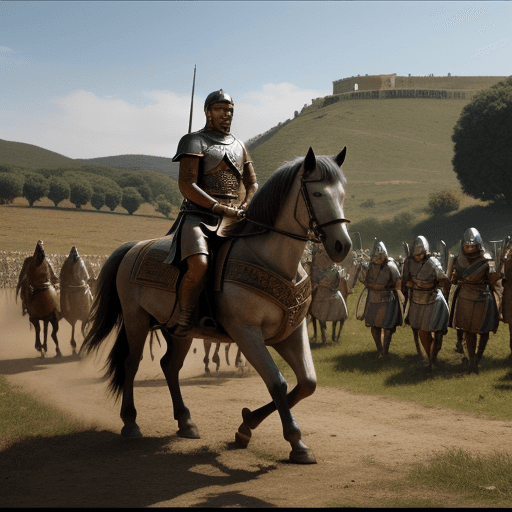 AI generated: Romans, many warriors, marching on horseback, realistic 4K cinematic graphics.