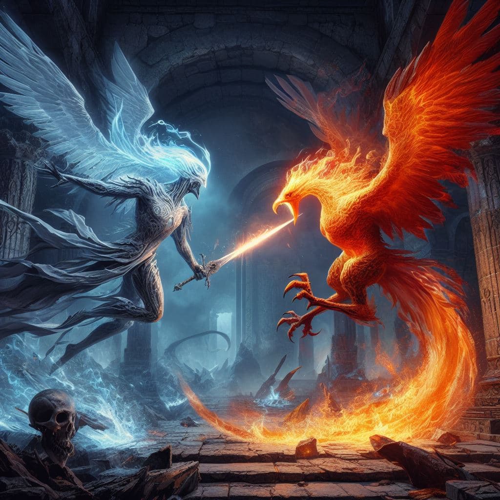 AI generated: Spectral Sentinel vs Blaze Phoenix