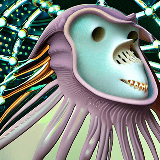 AI generated: Goddess close-up portrait ribcagel. jellyfish phoenix head, nautilus, orchid, skull, betta fish, bio...