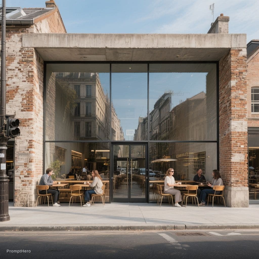 AI generated: Design a modern and minimalist cafe facade, focusing on the juxtaposition of weathered bricks and ex...