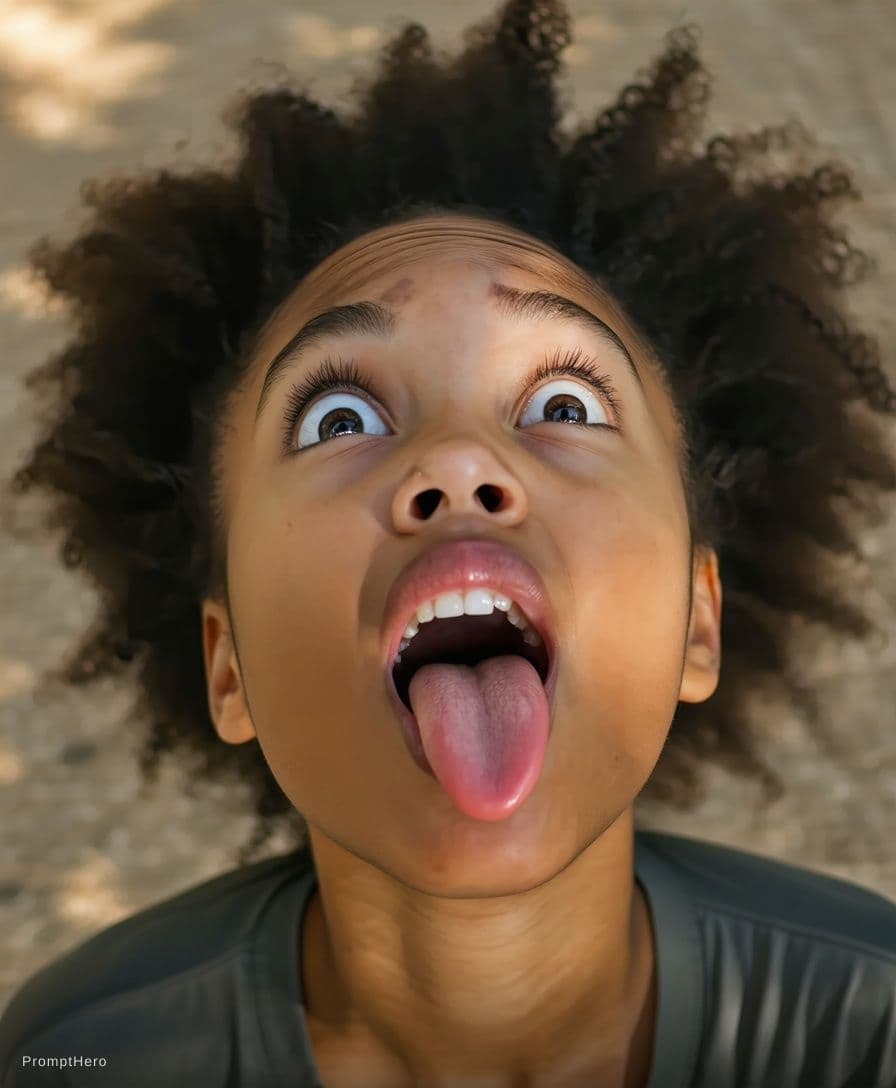 AI generated: Eyes rolled out, up. Tongue out. Mouth open. She is looking at the sky. 