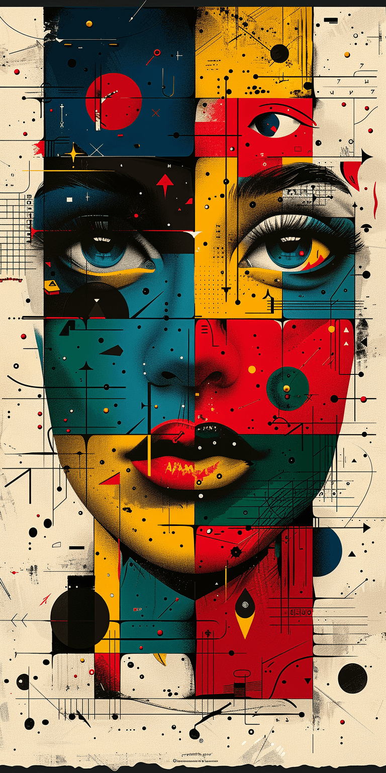 AI generated: A colorful poster with various shapes and patterns, including eyes, musical notes, arrows, squares, ...