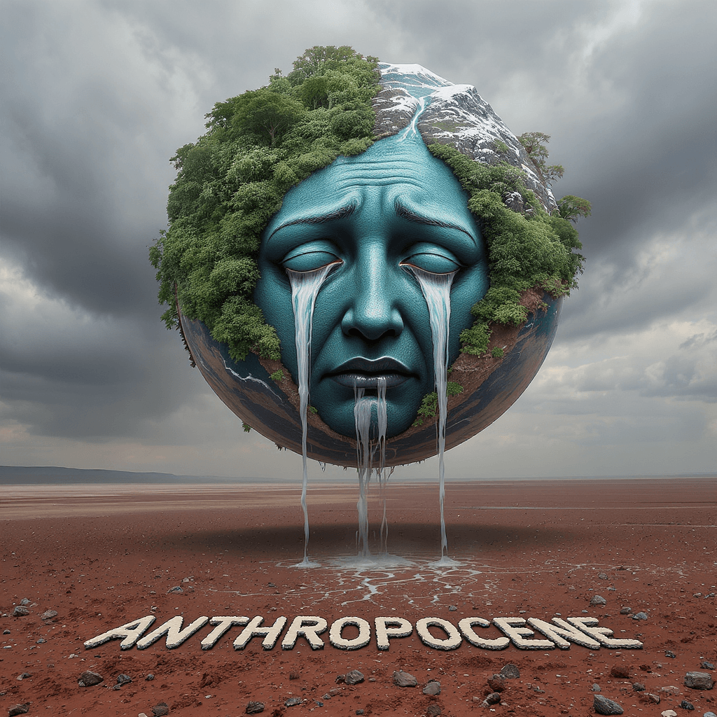 AI generated: A colossal sphere floats detached over an endless expanse of flat dead soil. Across the sphere, dens...