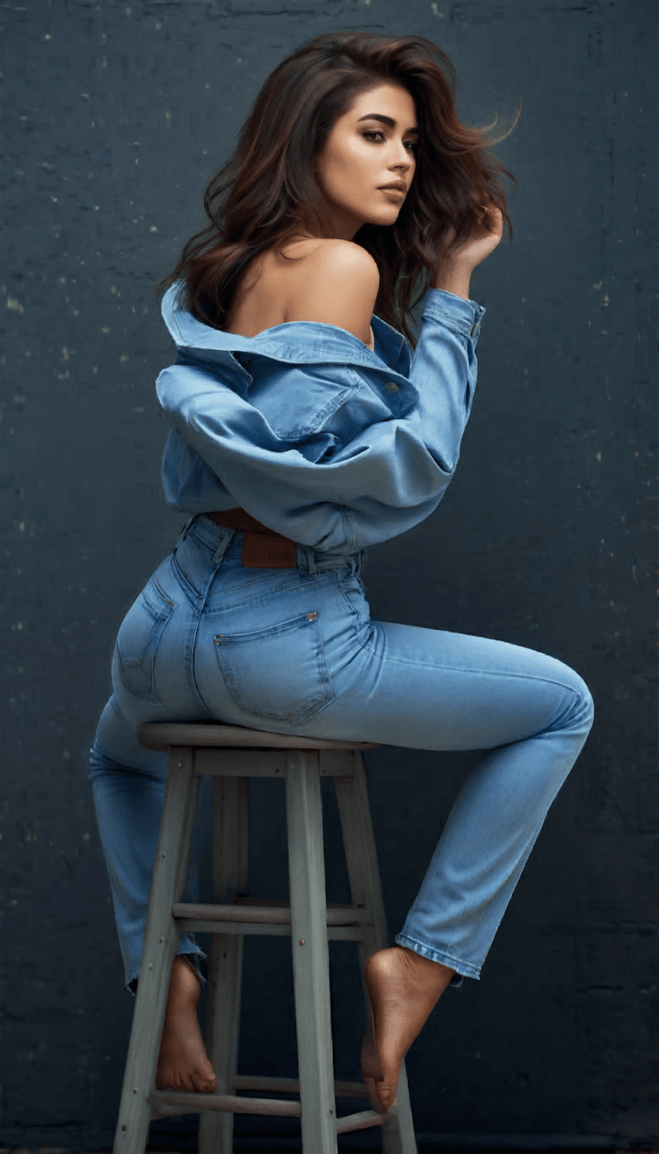 AI generated: The image features a woman standing on a stool, wearing a blue shirt and jeans. She is posing for a ...