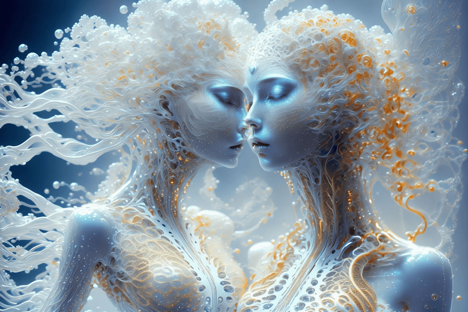 AI generated: translucent women in biomechanical body, liquid cooling, intricate circuits, beautiful, elegant, whi...