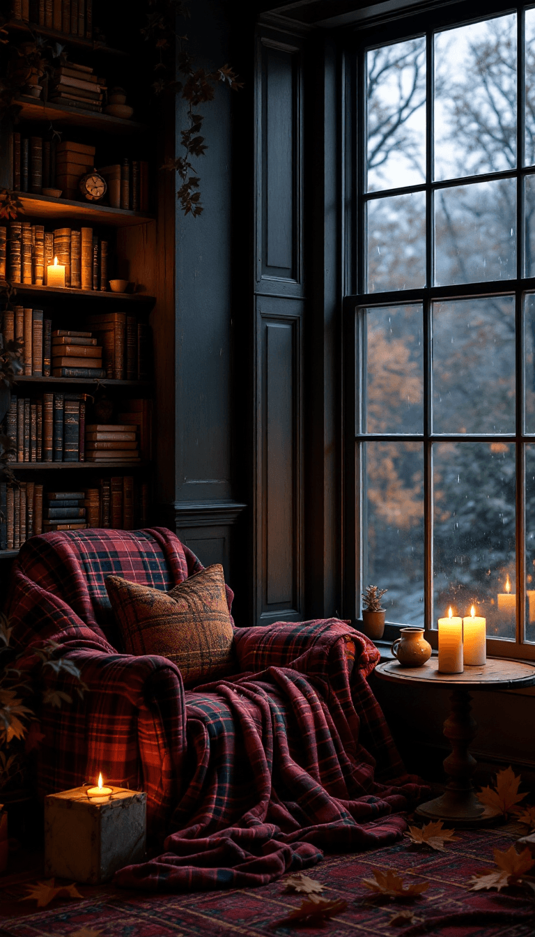 AI generated: photo of a cozy reading nook, near a big window, plaid pattern, old house, romantic, candlelight, bi...