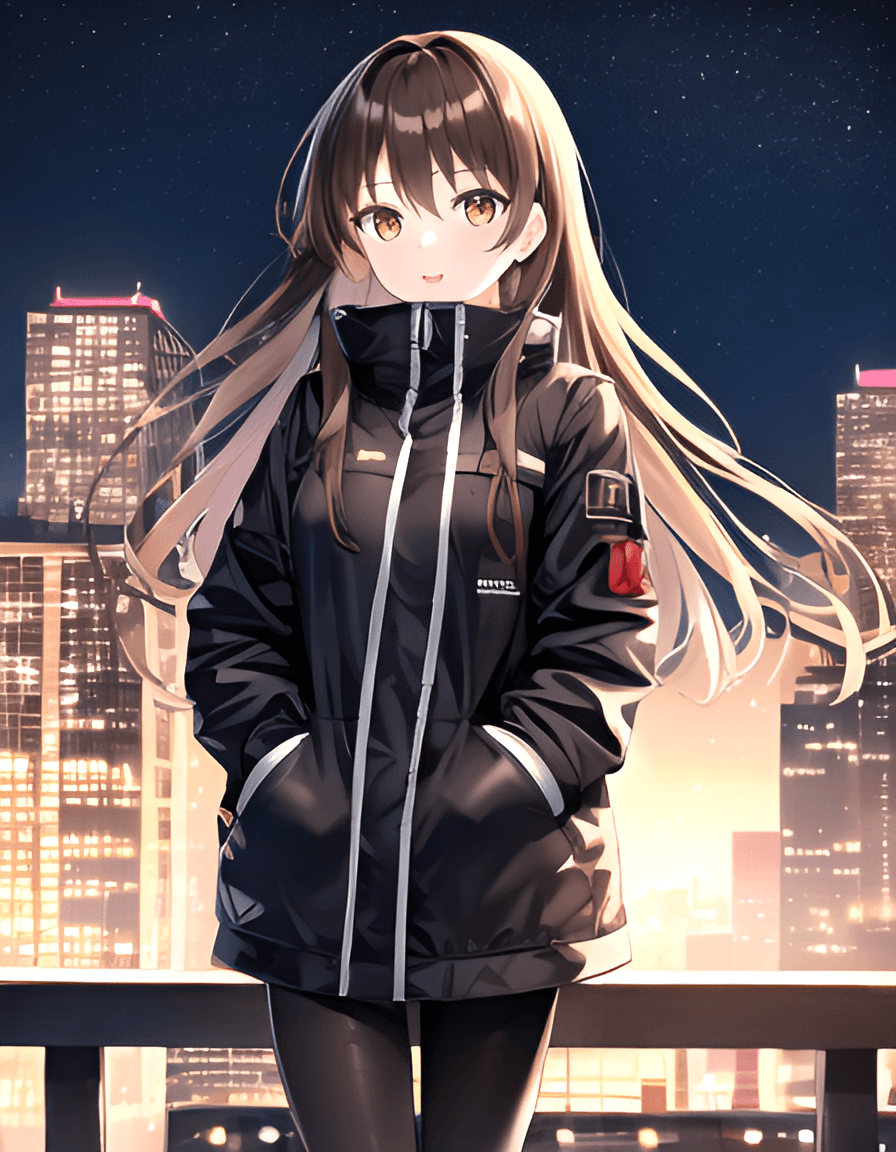 AI generated: 1girl, 20 years old, outdoors, perfect anime quality, night time, city, walking, jacket, leggings, p...