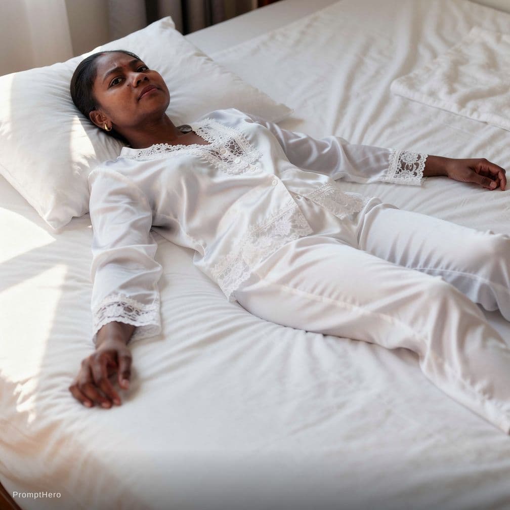 AI generated: Create a high-resolution photograph of a fit adult woman lying on her back in a bed covered with pri...