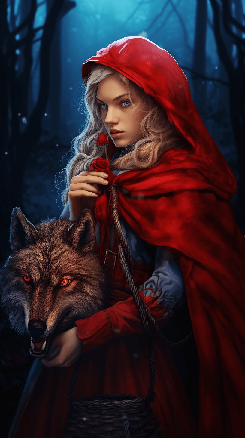 AI generated: A female hunter with blonde braided hair, dressed in a red cloak, holding a wolf's head in a basket....