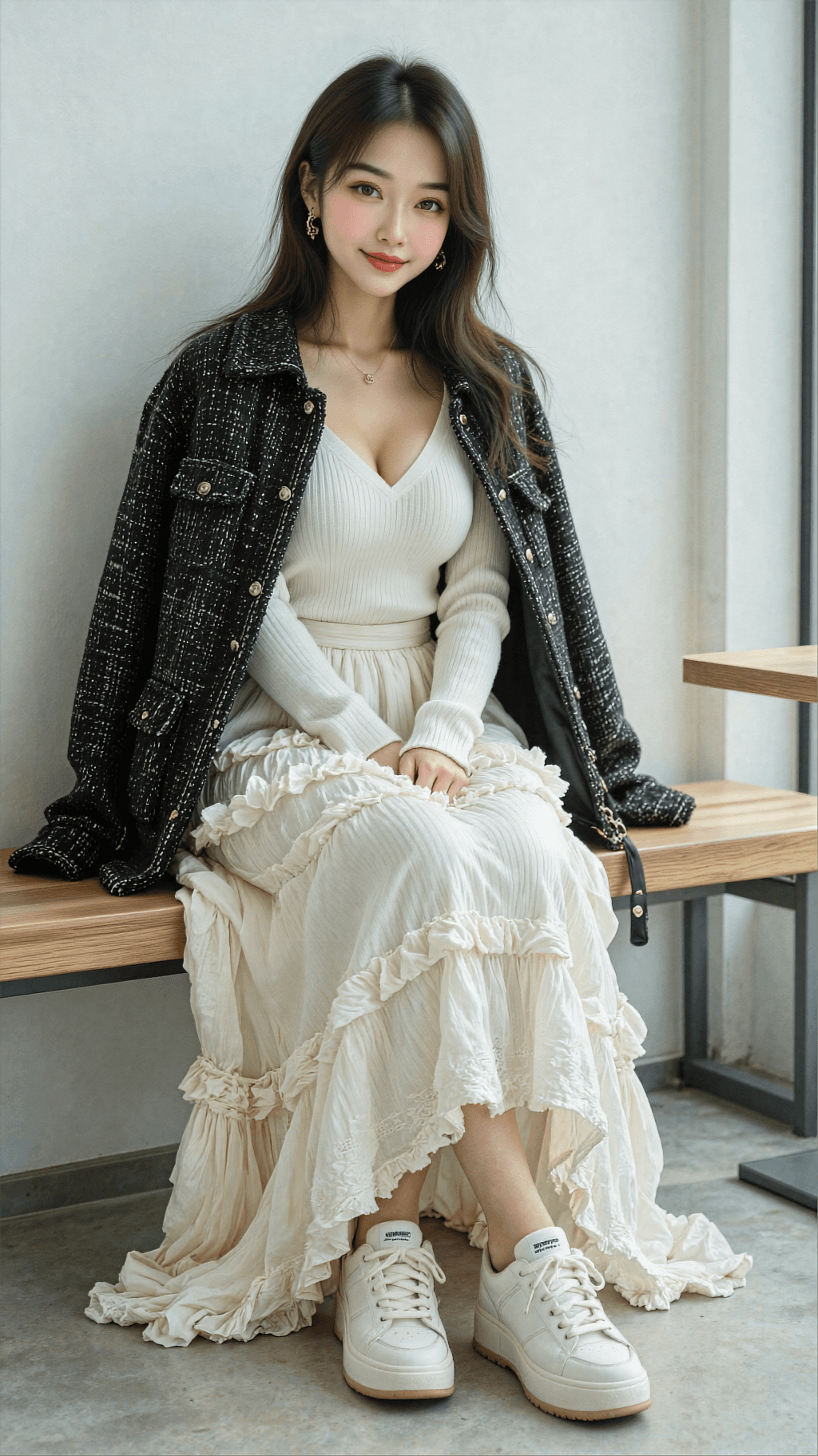 AI generated: A full-body photorealistic lifestyle portrait of a stylish Asian woman sitting on a wooden bench in ...