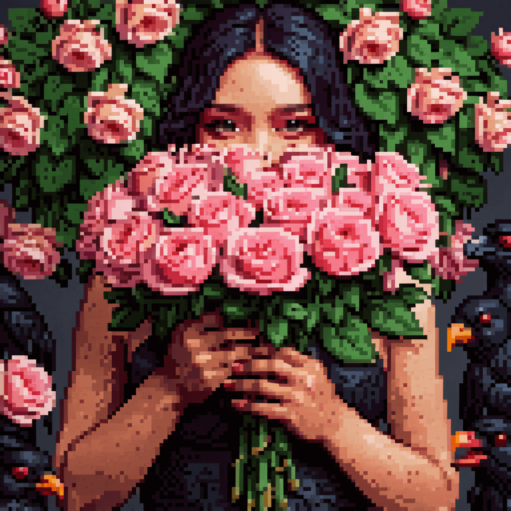 AI generated: An incredibly detailed close up macro beauty photo of an Asian model, hands holding a bouquet of pin...