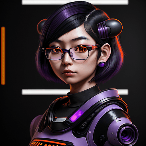 AI generated: young Asian thoughtful woman, shoulder-length purple and black hair, nerd, techie, a orange pair of ...