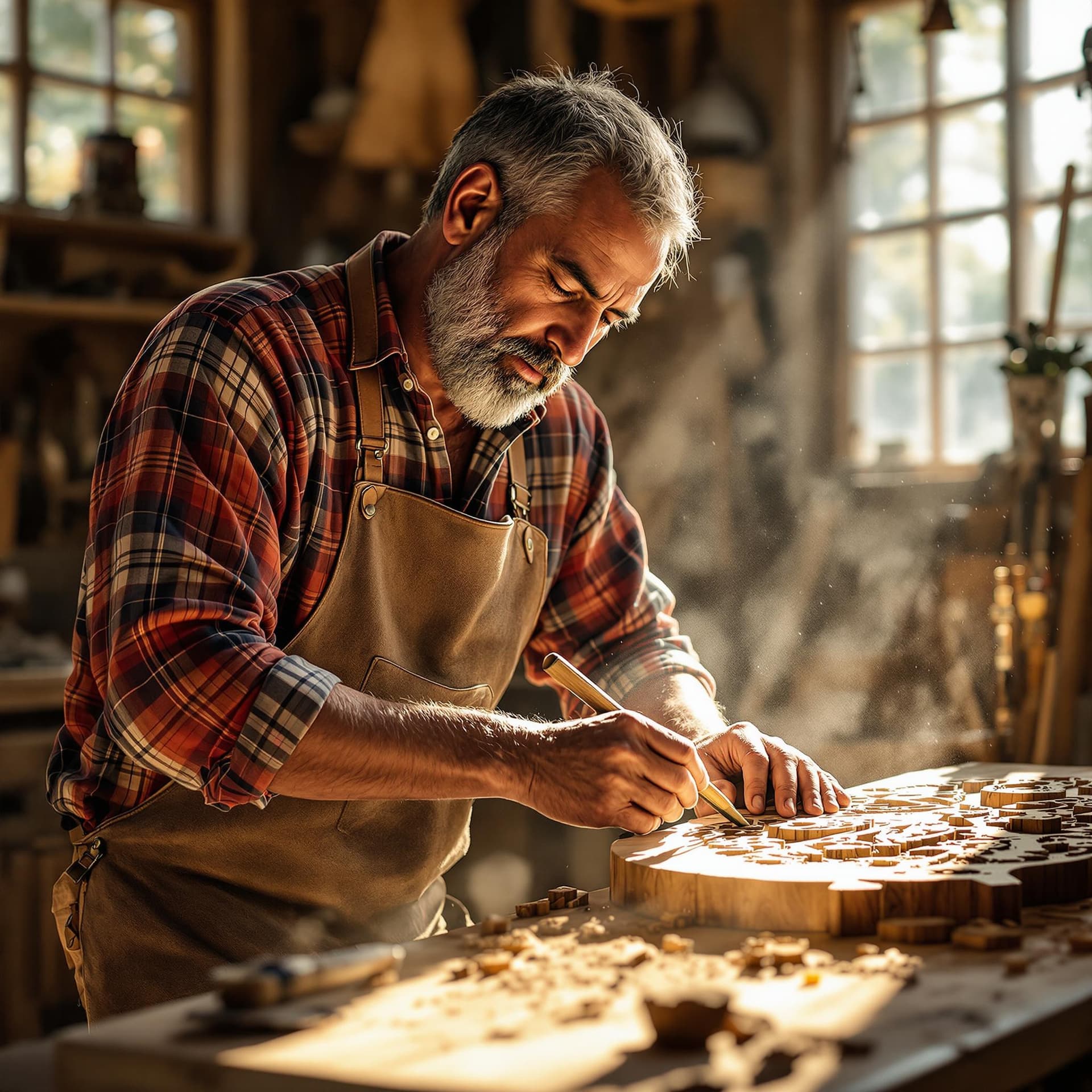 AI generated: A middle-aged Indian male woodworker in his sunlit workshop. He has weathered hands and a focused ex...