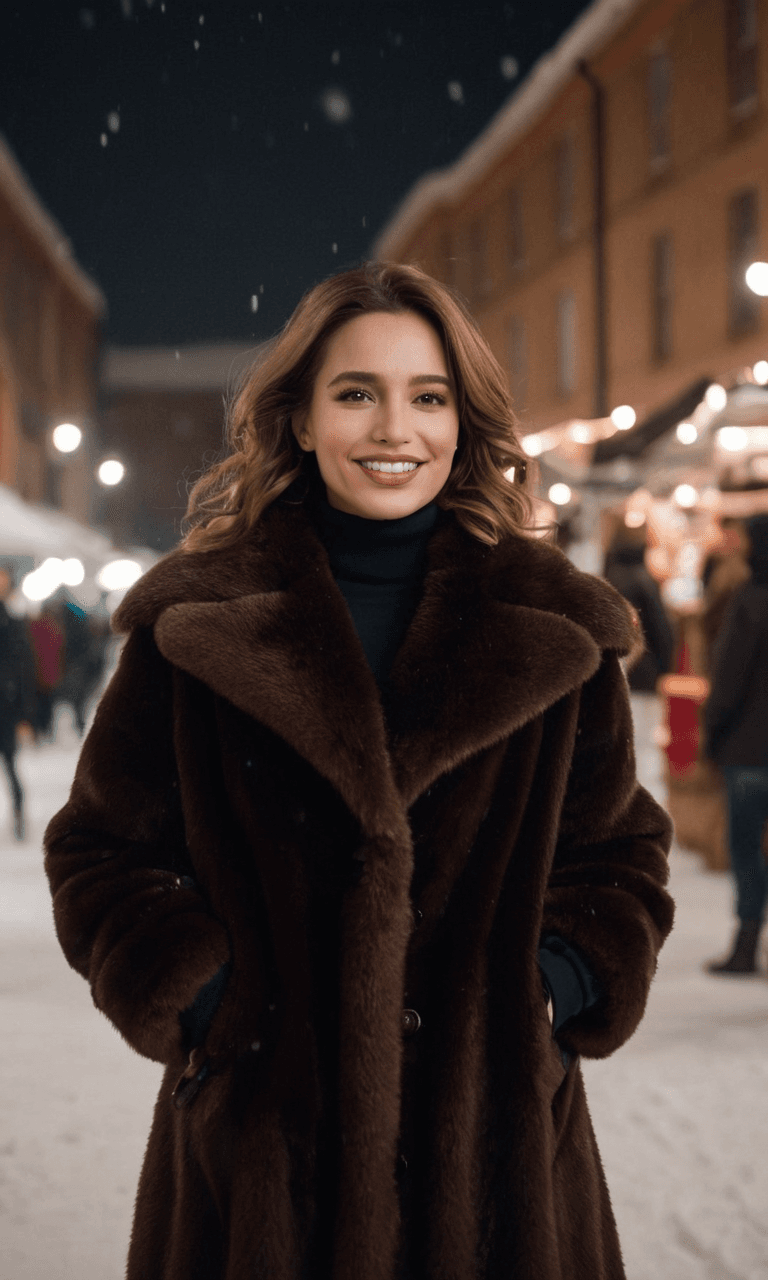 AI generated: Wearing coat, fur coat, mink coat, black turtleneck, brown eyes, looking at viewer, smiling, teeth, ...