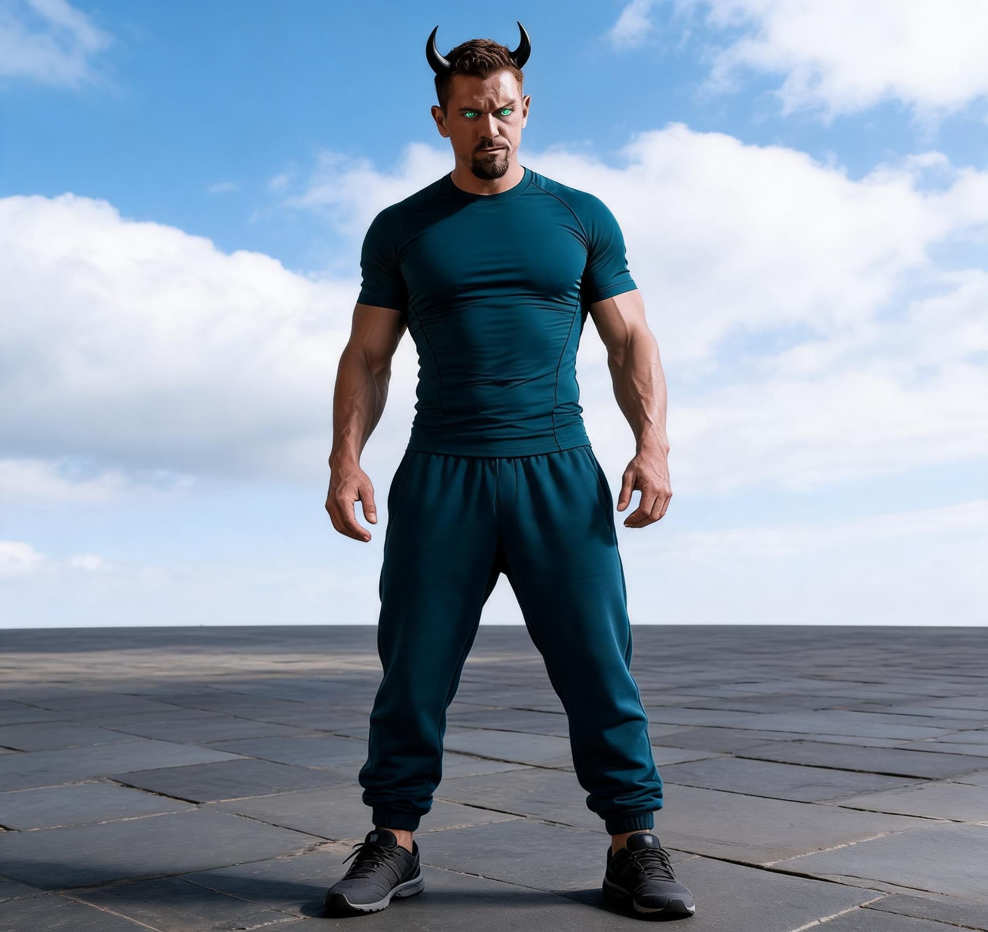 AI generated: a muscular man with brown hair and black facial hair shirtless with loose dark teal training pants, ...