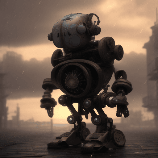AI generated: Sadness photo of a steampunk half-broken robot, rain, dramatic light, pale sunrise, cinematic lighti...